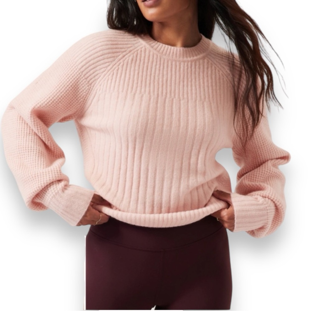 Athleta Pink Layover Crew Neck Puff Sleeve Merino Wool Blend Rib Knit Sweater